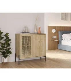 Mueble auxiliar 2 puertas modelo India acabado roble/negro. 80.3cm(alto) 83.6cm(ancho) 40cm(prof).