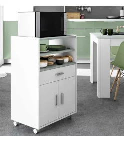 Mueble auxiliar Tom para microondas un cajón y dos puertas en acabado blanco 92 cm(alto)59 cm(ancho)40 cm(largo)