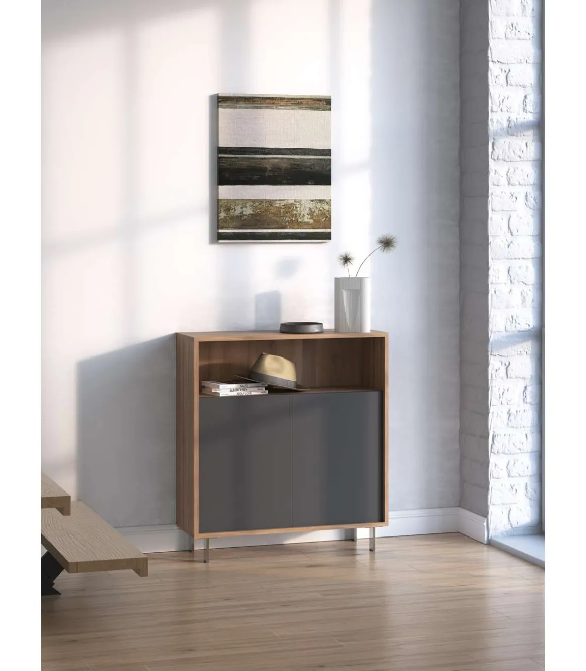 Mueble auxiliar/zapatero Md-509 con puertas acabado nogal/grafito, 89cm(alto) 80cm(ancho) 29cm(prof.)
