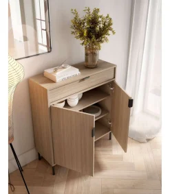 Mueble auxiliar/zapatero Md-507, 2 puertas 1 cajón en nogal oscuro, 89cm(alto) 80cm(ancho) 29cm(prof.)