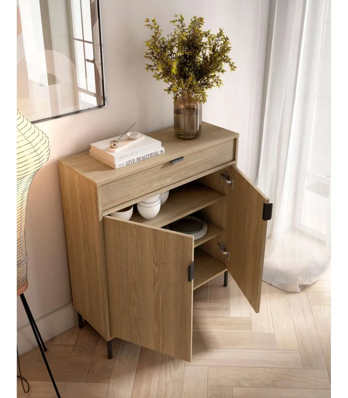 Mueble auxiliar/zapatero Md-507, 2 puertas 1 cajón en roble oscuro, 89cm(alto) 80cm(ancho) 29cm(prof.)