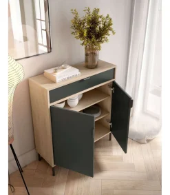 Mueble auxiliar/zapatero Md-507, 2 puertas 1 cajón en roble claro/grafito, 89cm(alto) 80cm(ancho) 29cm(prof.)
