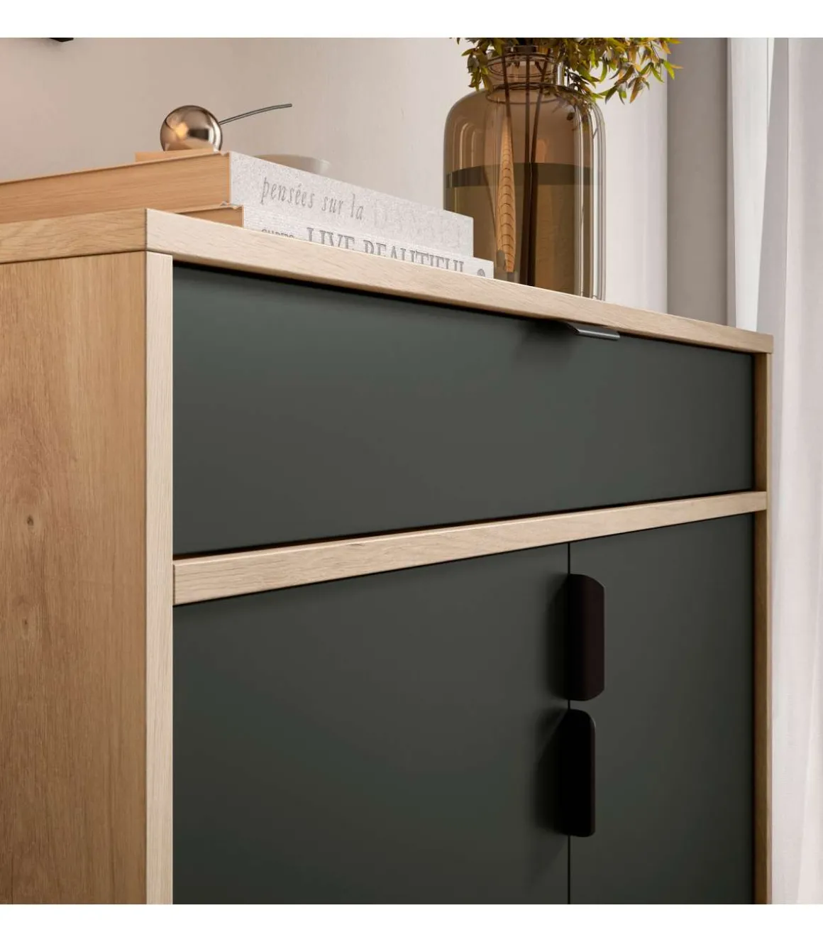 Mueble auxiliar/zapatero Md-507, 2 puertas 1 cajón en roble claro/grafito, 89cm(alto) 80cm(ancho) 29cm(prof.)