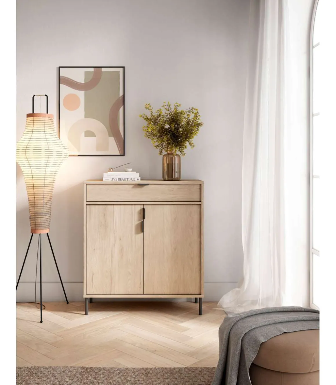 Mueble auxiliar/zapatero Md-507, 2 puertas 1 cajón en roble claro, 89cm(alto) 80cm(ancho) 29cm(prof.)