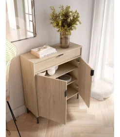 Mueble auxiliar/zapatero Md-507, 2 puertas 1 cajón en roble claro, 89cm(alto) 80cm(ancho) 29cm(prof.)