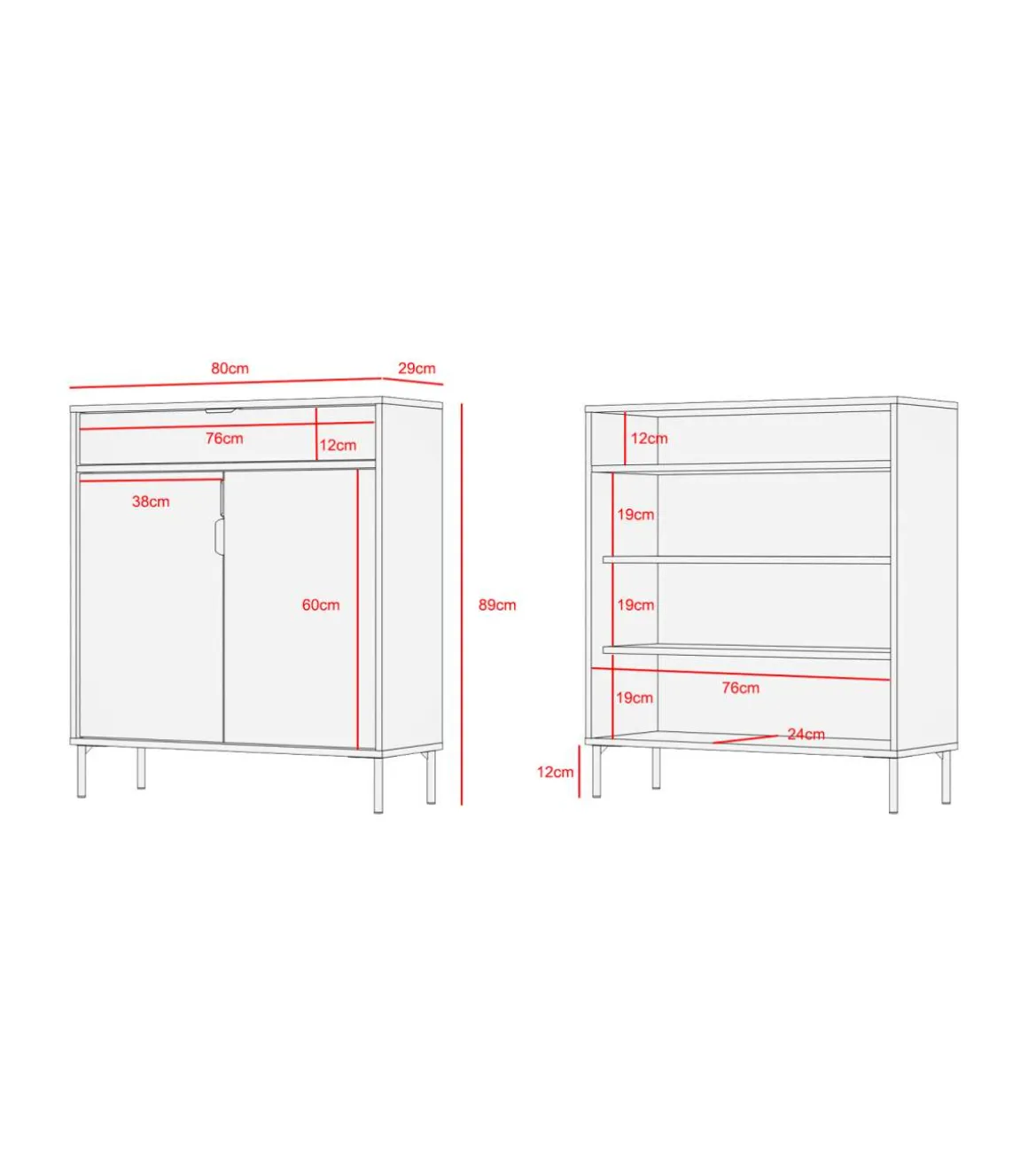 Mueble auxiliar/zapatero Md-507, 2 puertas 1 cajón en roble claro, 89cm(alto) 80cm(ancho) 29cm(prof.)
