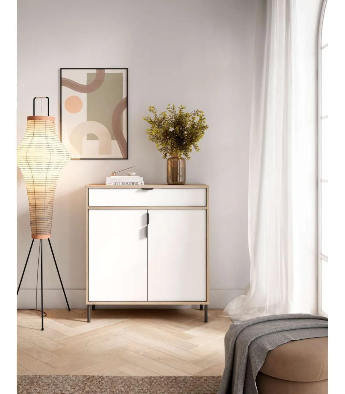 Mueble auxiliar/zapatero Md-507, 2 puertas 1 cajón en roble claro/blanco, 89cm(alto) 80cm(ancho) 29cm(prof.)