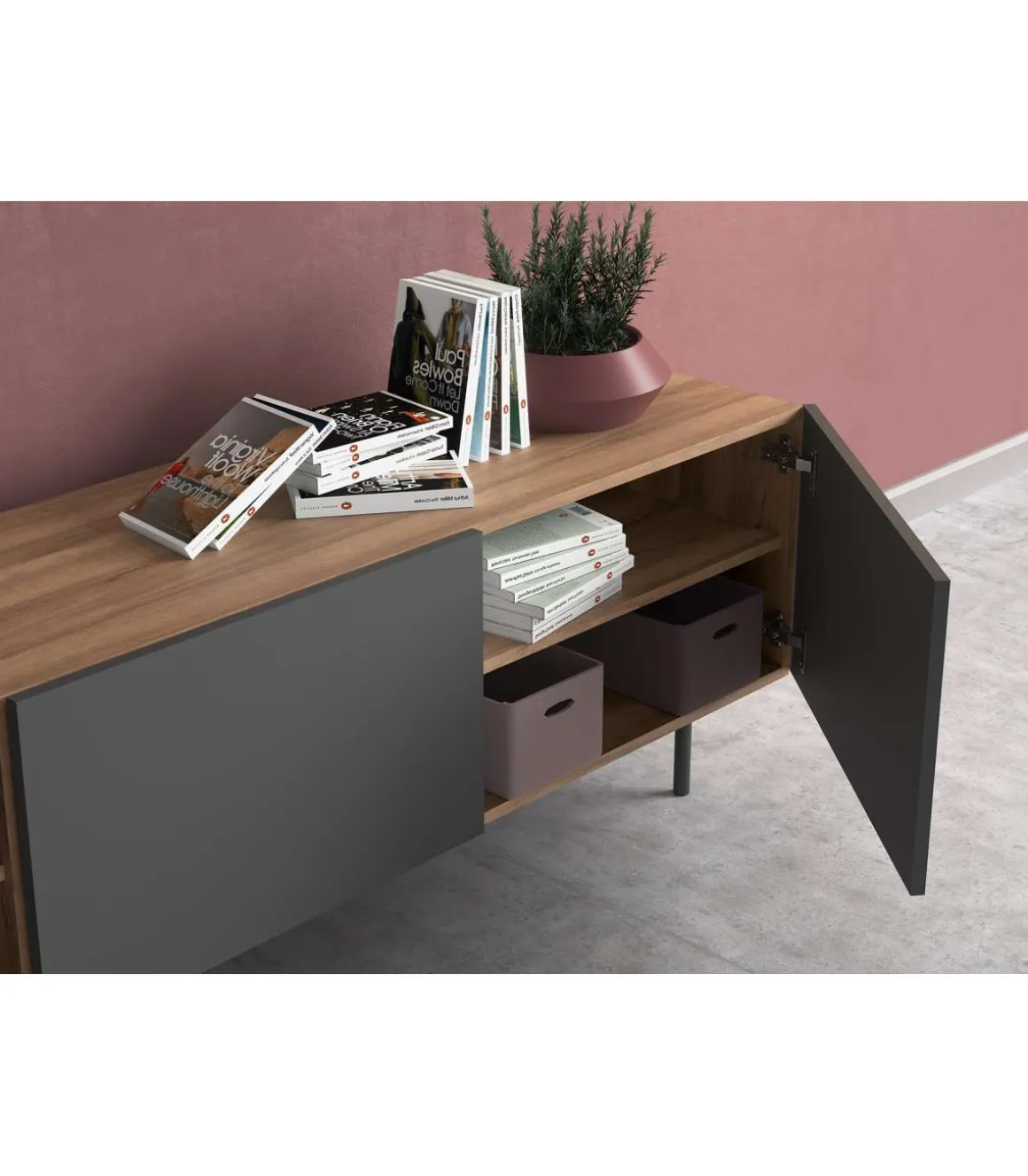 Mueble bajo televisión Md-608-1 en color nogal/grafito, 52cm(alto) 180cm(ancho) 43cm(largo)