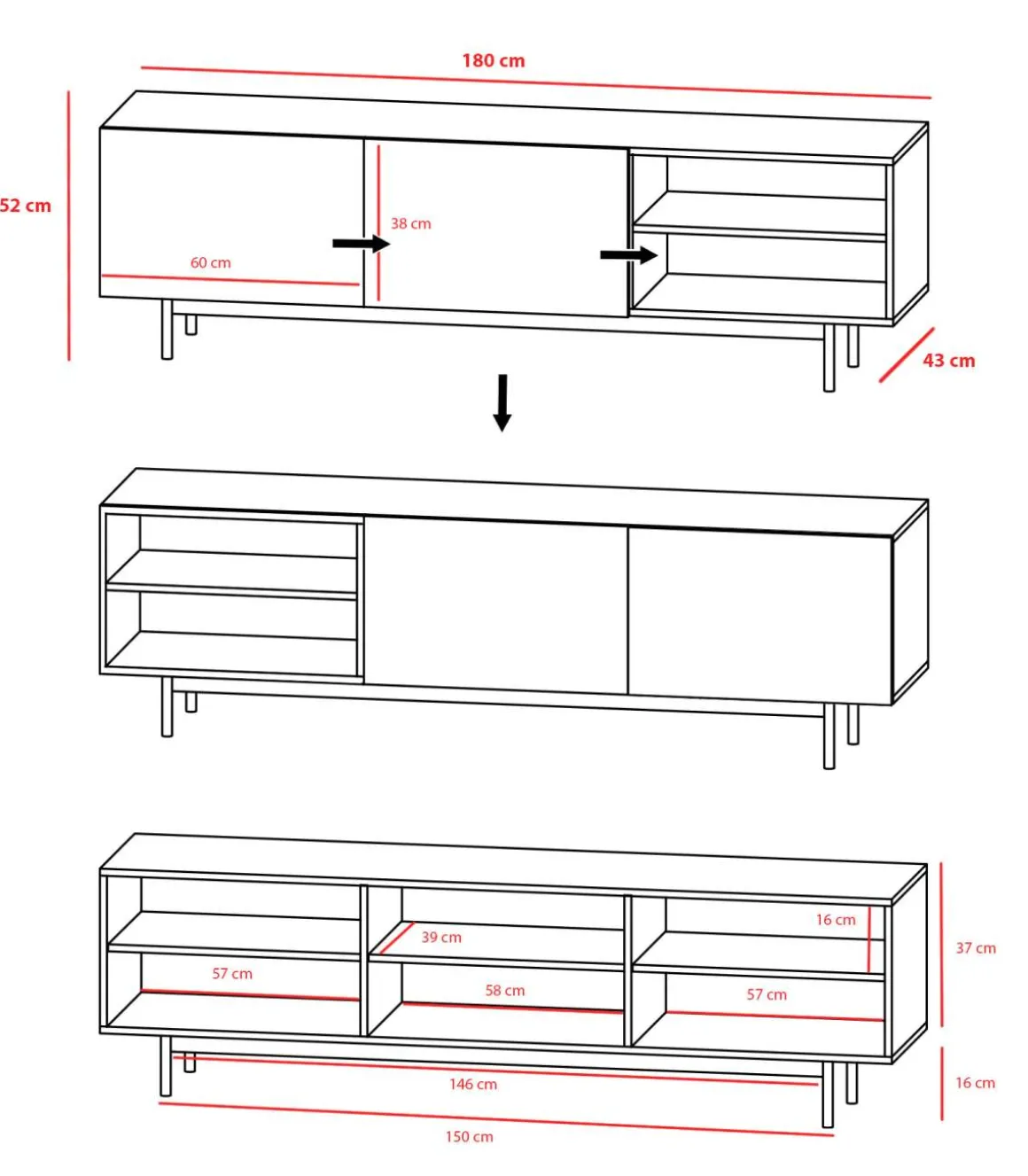 Mueble bajo televisión Md-608-1 en color nogal/grafito, 52cm(alto) 180cm(ancho) 43cm(largo)