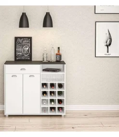 Mueble Buffet bajo 2 puertas 1 cajón y botellero acabado blanco, 90cm(alto) x 103cm(ancho) x 40cm(fondo).