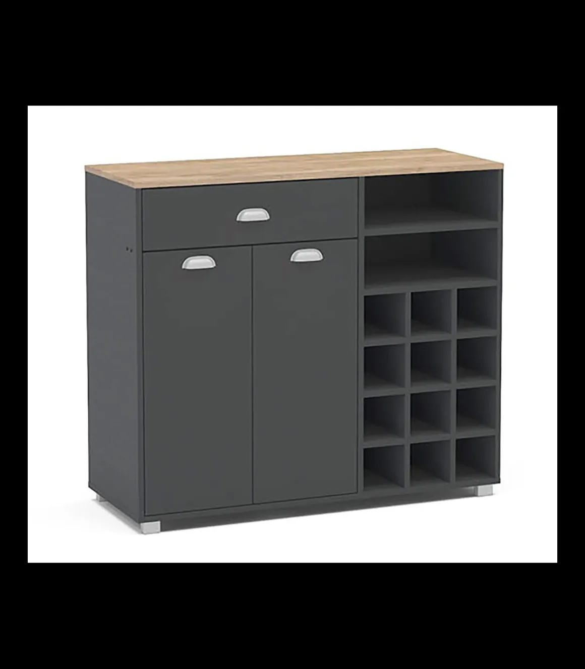 Mueble Buffet bajo 2 puertas 1 cajón y botellero acabado gris grafito, 90cm(alto) x 103cm(ancho) x 40cm(fondo).