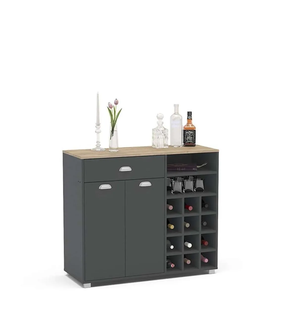 Mueble Buffet bajo 2 puertas 1 cajón y botellero acabado gris grafito, 90cm(alto) x 103cm(ancho) x 40cm(fondo).