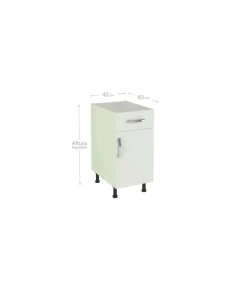 Mueble cocina bajo con 1 cajón y 1 puerta en blanco. 83 cm(alto)40 cm(ancho)58 cm(largo)