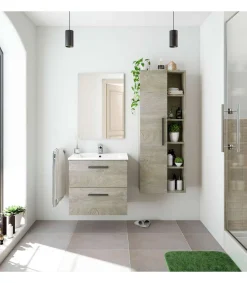 Mueble con lavabo cerámico y espejo Toby, acabado roble 57cm(alto) 60cm(ancho) 45cm(largo)