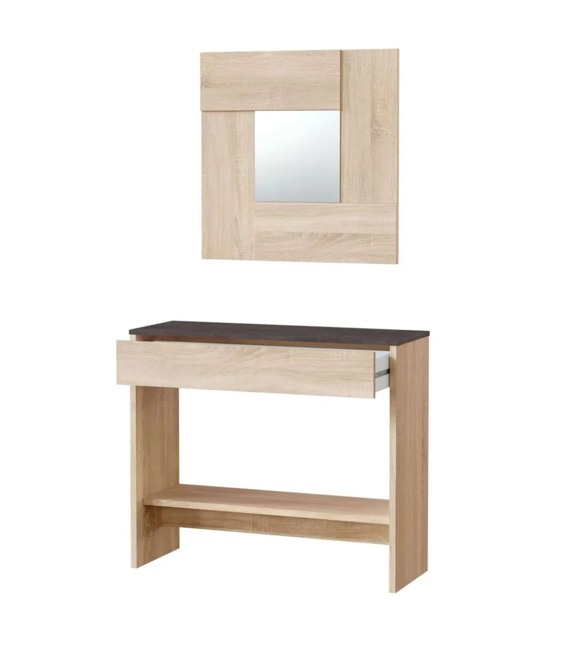 Mueble consola Luz con cajón y espejo en roble Canadian y óxido 0X6741F