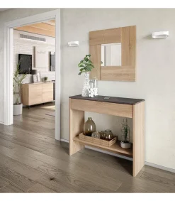 Mueble consola Luz con cajón y espejo en roble Canadian y óxido 0X6741F