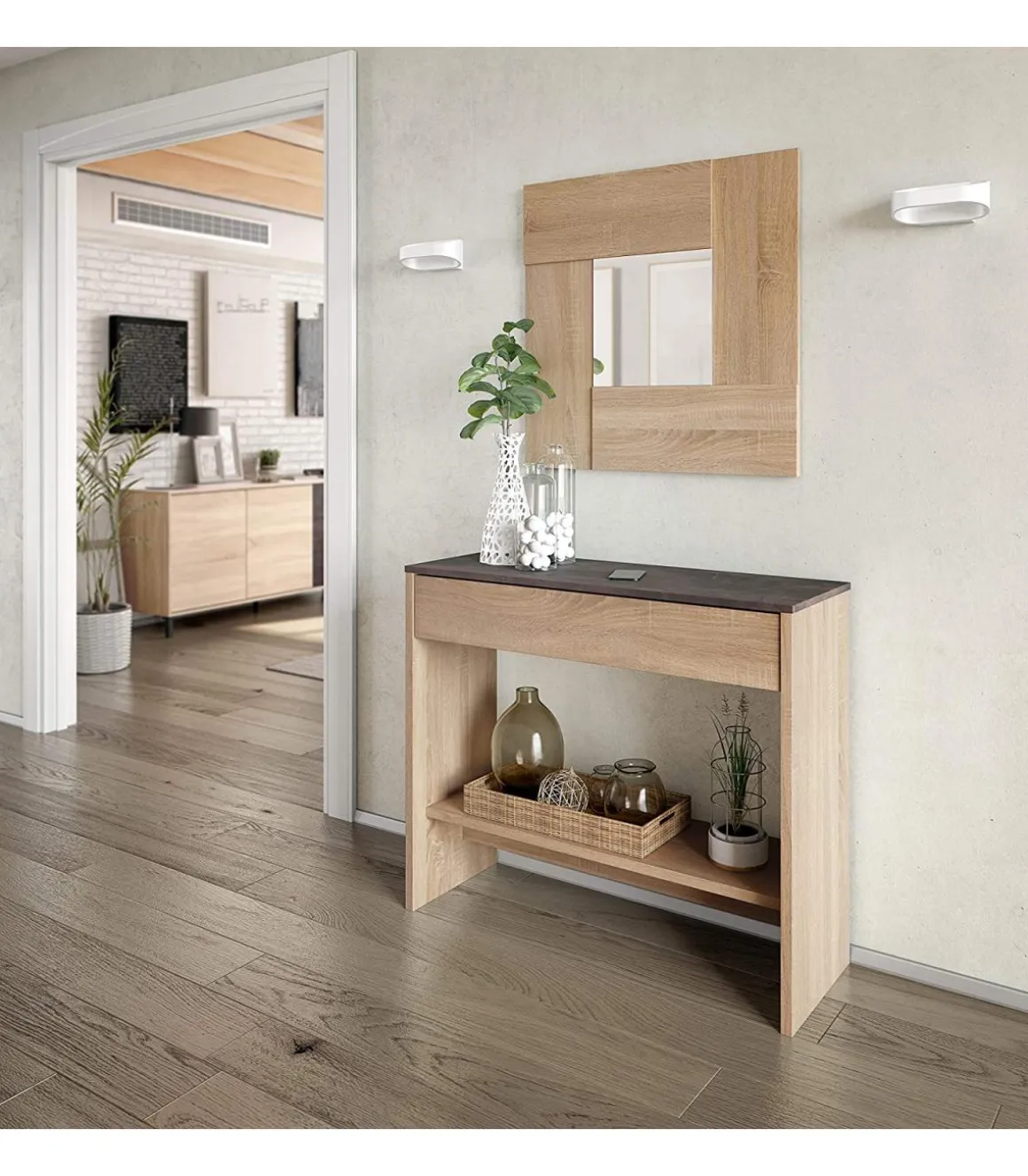 Mueble consola Luz con cajón y espejo en roble Canadian y óxido 0X6741F