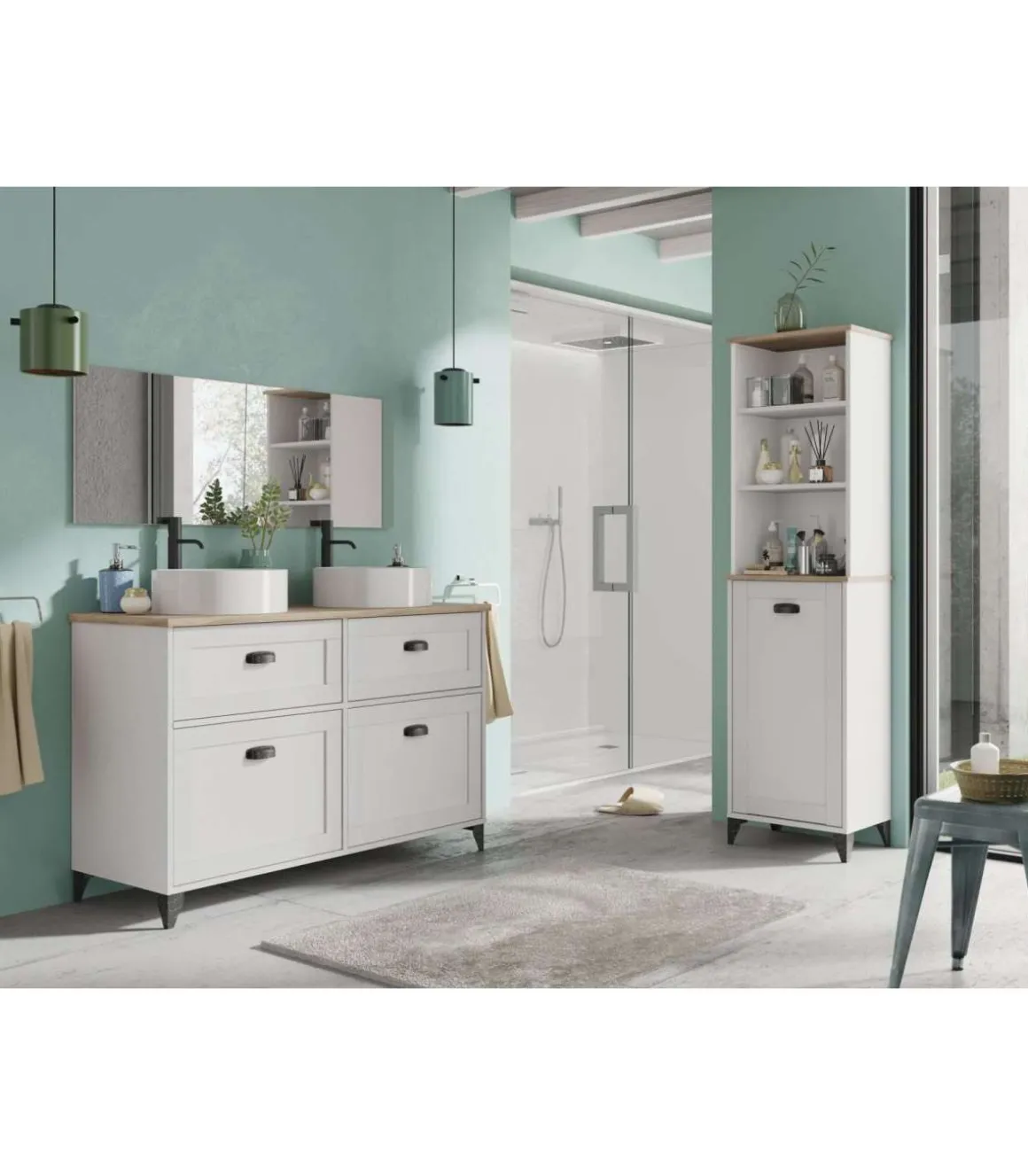 Mueble de baño con 2 lavabos cerámico Toscana en acabado color blanco, 92cm(alto) 120cm(ancho) 47cm(largo)