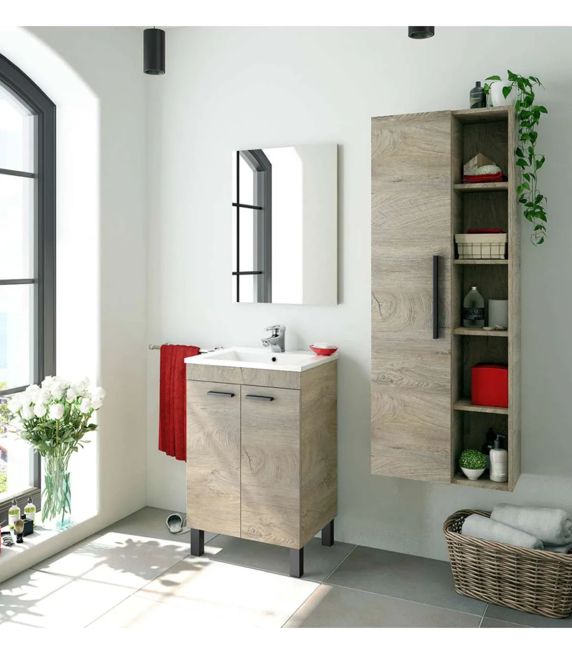 Mueble de baño Xativa con lavabo cerámico y espejo, acabado roble 80 cm(alto)50 cm(ancho)40 cm(largo)