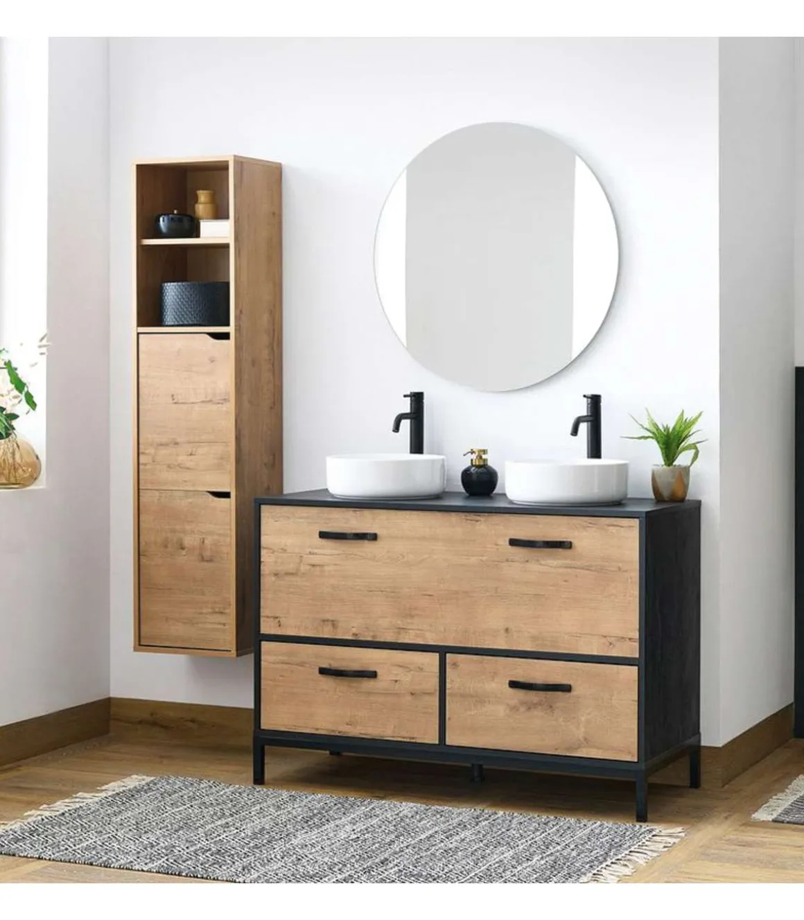 Mueble de lavabo cerámico Sena acabado imitación mármol/roble, 92cm(alto) 120cm(ancho) 50cm(largo)