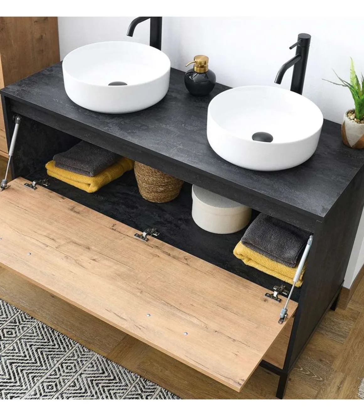 Mueble de lavabo cerámico Sena acabado imitación mármol/roble, 92cm(alto) 120cm(ancho) 50cm(largo)