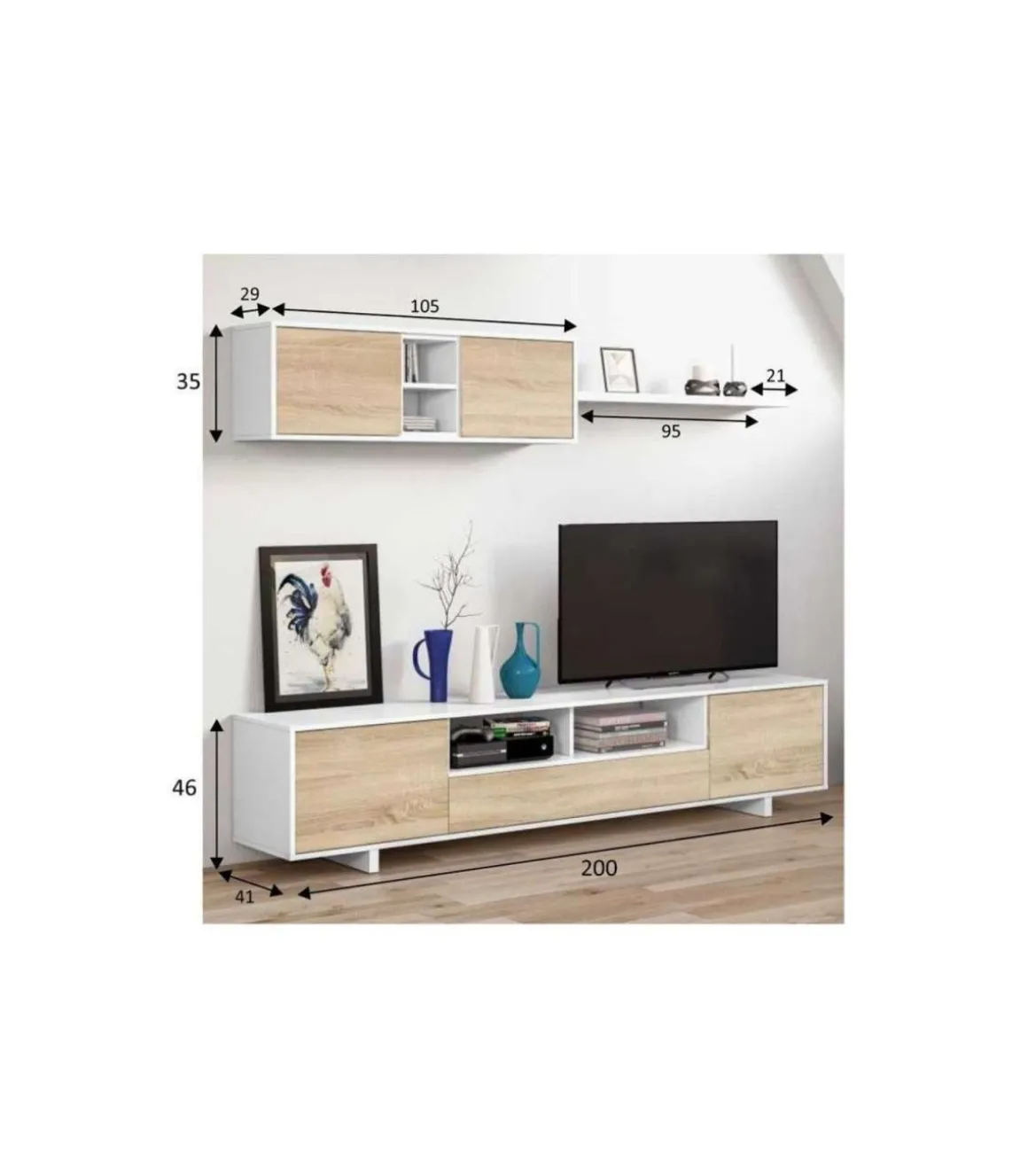 Mueble de salón Sirva en roble canadian/ blanco brillo, 46 cm(alto)200 cm(ancho)41 cm(largo)
