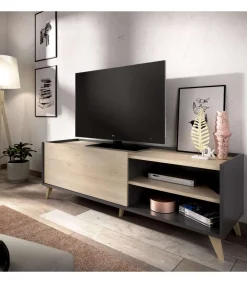 Mueble de televisión Dina en Grafito-Natural, 47cm(alto) 155cm(ancho) 43cm(largo)