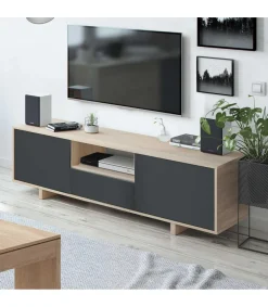 Mueble de TV Zubia tres Puertas y hueco central Acabado en roble y gris antracita 150 cm (Ancho) x 46 cm (Alto) x 41 cm (Fondo)