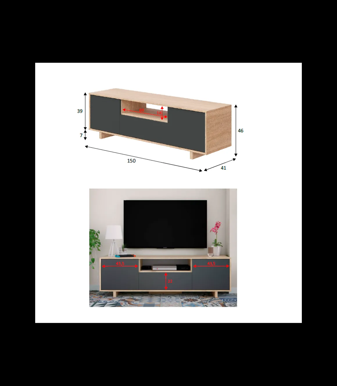 Mueble de TV Zubia tres Puertas y hueco central Acabado en roble y gris antracita 150 cm (Ancho) x 46 cm (Alto) x 41 cm (Fondo)