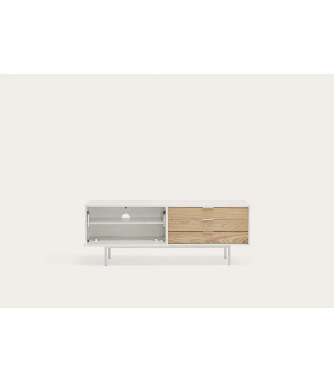 Mueble para televisión modelo Sierra 1 puerta 3 cajones acabado blanco/roble, 140cm(ancho) 52cm(alto) 40cm (largo)
