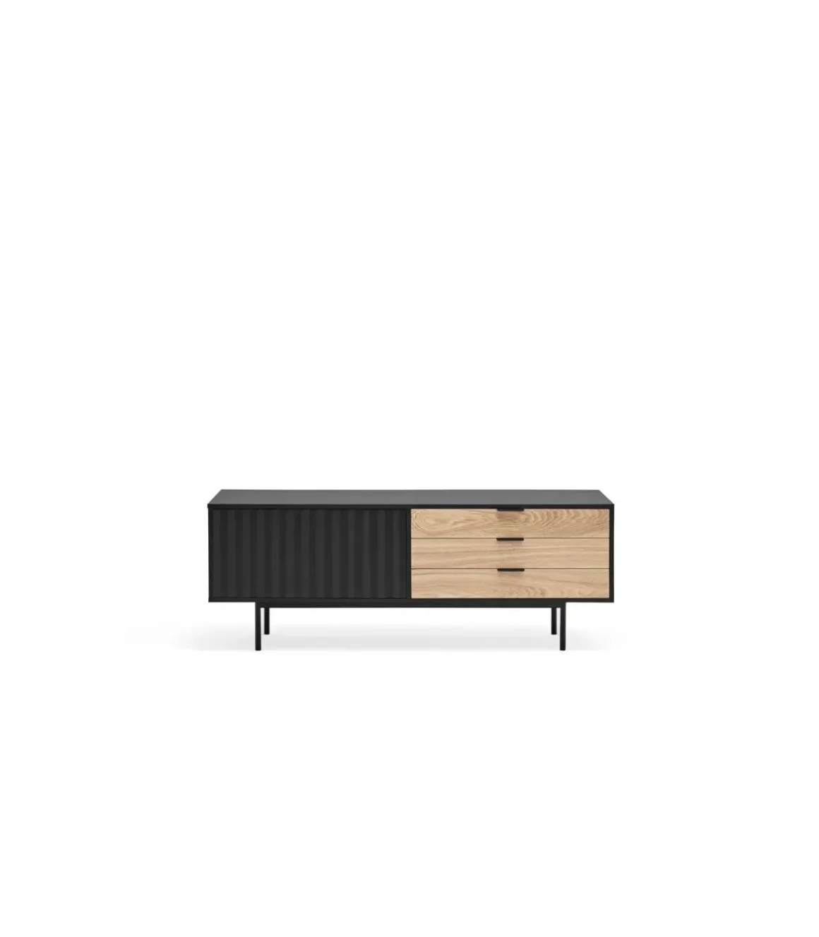 Mueble para televisión modelo Sierra 1 puerta 3 cajones acabado negro/roble, 140cm(ancho) 52cm(alto) 40cm (largo)