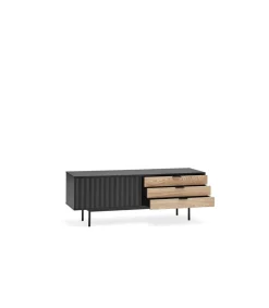 Mueble para televisión modelo Sierra 1 puerta 3 cajones acabado negro/roble, 140cm(ancho) 52cm(alto) 40cm (largo)