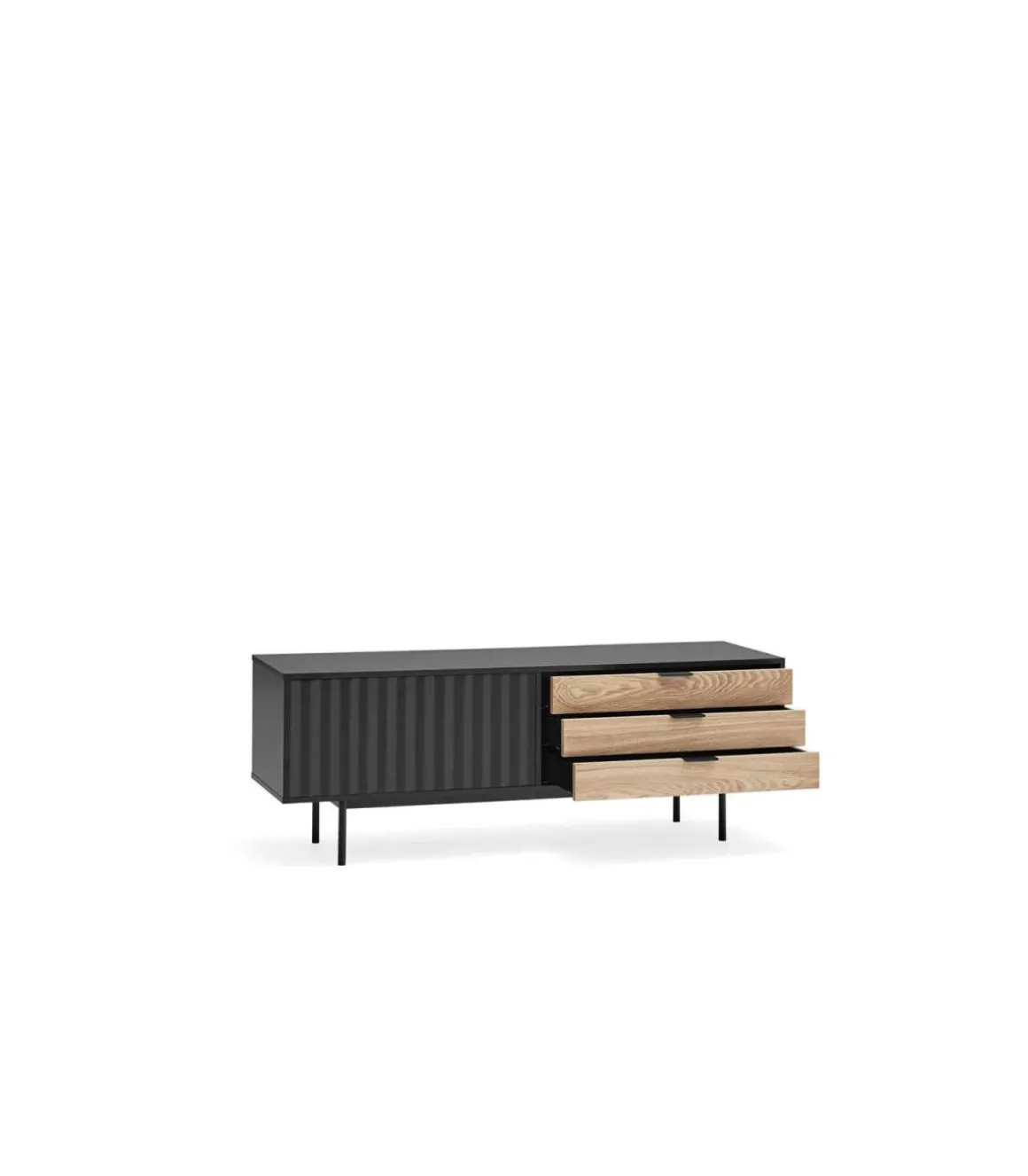 Mueble para televisión modelo Sierra 1 puerta 3 cajones acabado negro/roble, 140cm(ancho) 52cm(alto) 40cm (largo)