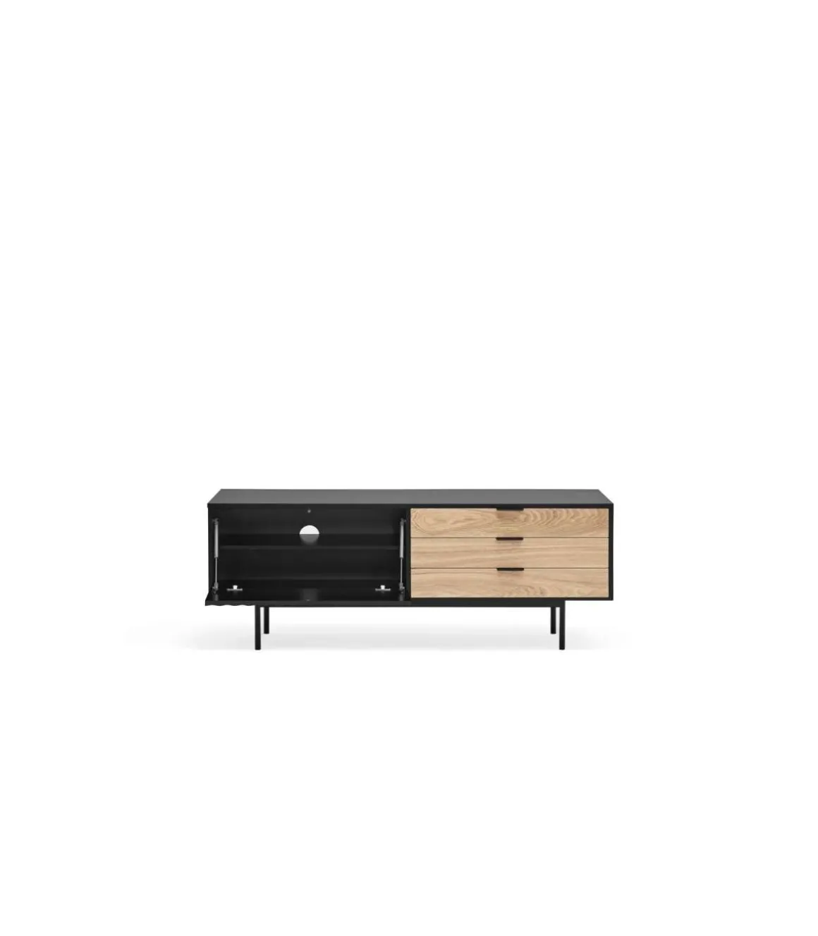 Mueble para televisión modelo Sierra 1 puerta 3 cajones acabado negro/roble, 140cm(ancho) 52cm(alto) 40cm (largo)