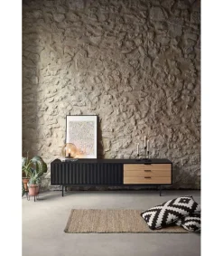 Mueble para televisión modelo Sierra 2 puertas 3 cajones acabado negro/roble, 40cm(ancho) 52cm(alto) 180cm (largo)