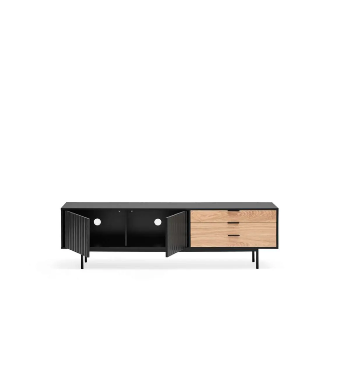 Mueble para televisión modelo Sierra 2 puertas 3 cajones acabado negro/roble, 40cm(ancho) 52cm(alto) 180cm (largo)