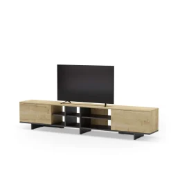 Mueble para televisión 2 puertas y 6 huecos Celia acabado roble/negro, 44cm(alto) 230cm(ancho) 35.6cm(largo).