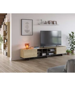 Mueble para televisión 2 puertas y 6 huecos Celia acabado roble/negro, 44cm(alto) 230cm(ancho) 35.6cm(largo).