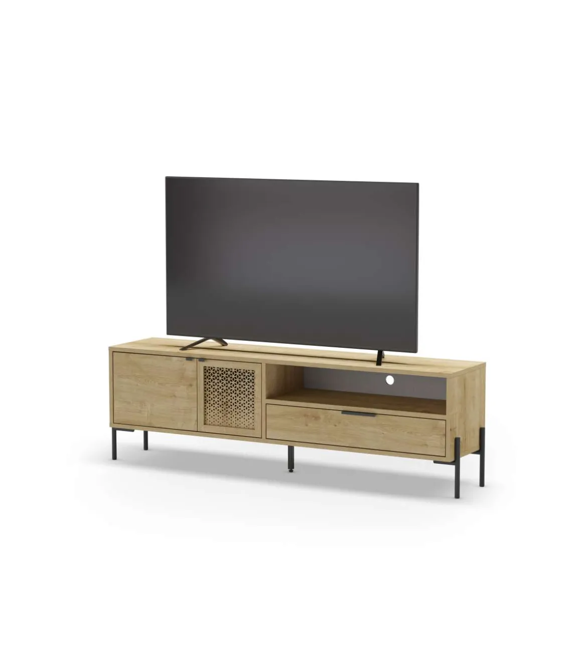 Mueble para televisión 2 puertas, 1 cajón y hueco India acabado roble/negro, 50.5cm(alto) 164cm(ancho) 35cm(largo).