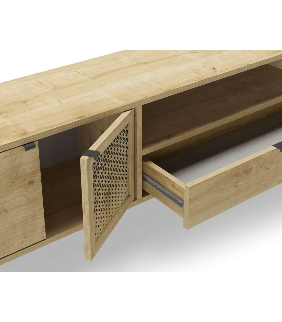 Mueble para televisión 2 puertas, 1 cajón y hueco India acabado roble/negro, 50.5cm(alto) 164cm(ancho) 35cm(largo).