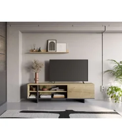 Mueble para televisión 1 puerta y 4 huecos Celia acabado roble/negro, 44cm(alto) 160cm(ancho) 35.6cm(largo).
