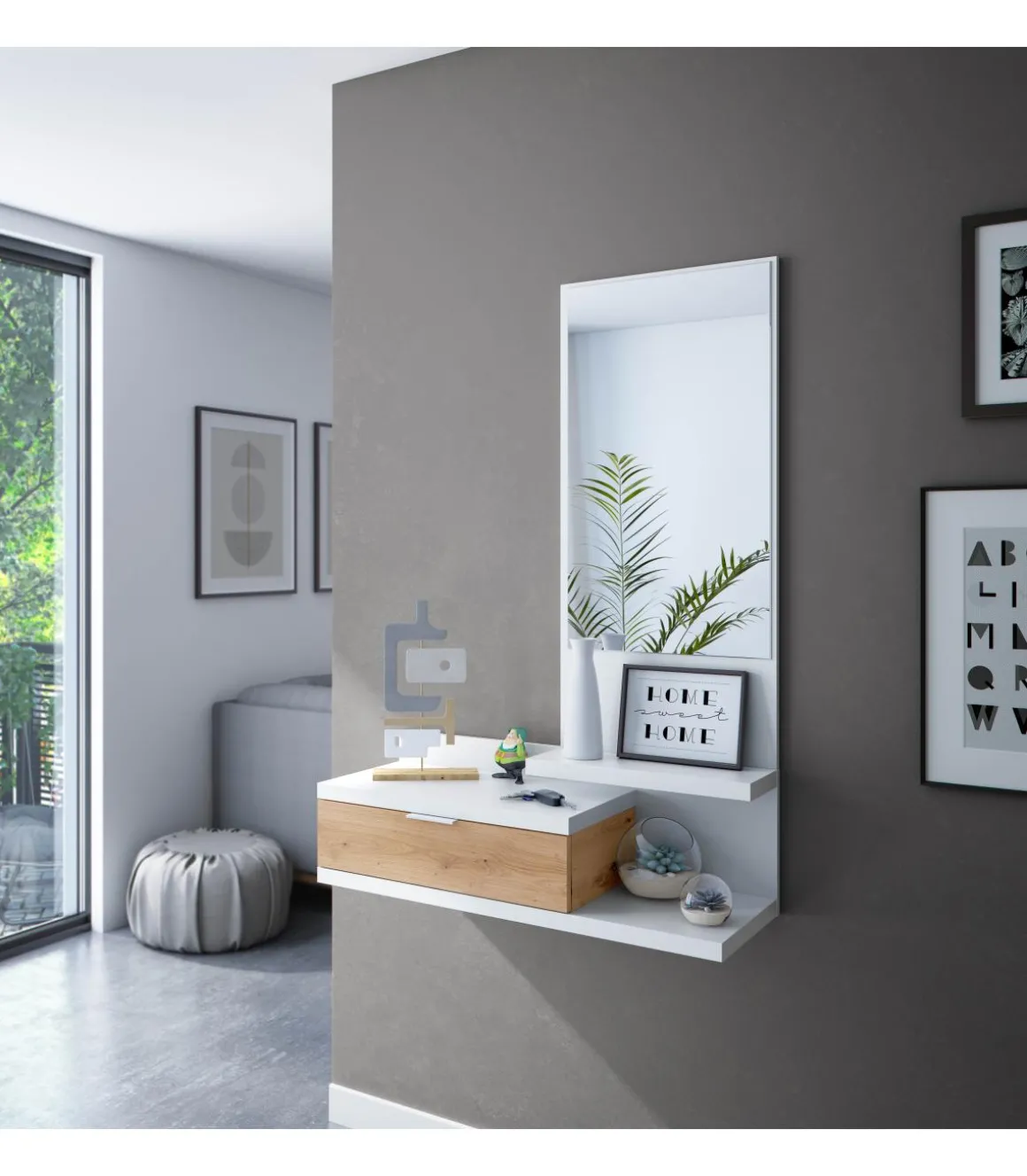 Mueble Recibidor Loira acabado blanco artik y roble nordish 1,16 cm (alto) x 0,81cm (ancho) x 0,29 ( fondo)