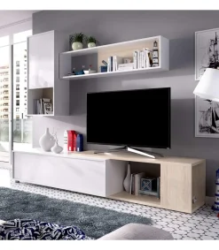 Mueble salón Escañuela flexible en blanco brillo/natural