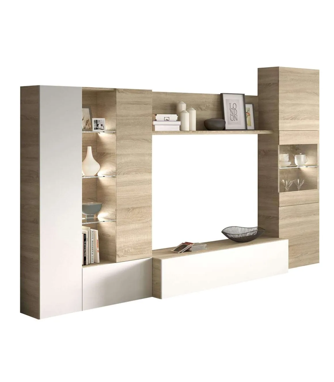 Mueble salon Macael en roble canadian y blanco brillo con led 185 cm(alto)260 cm(ancho)42 cm(largo)