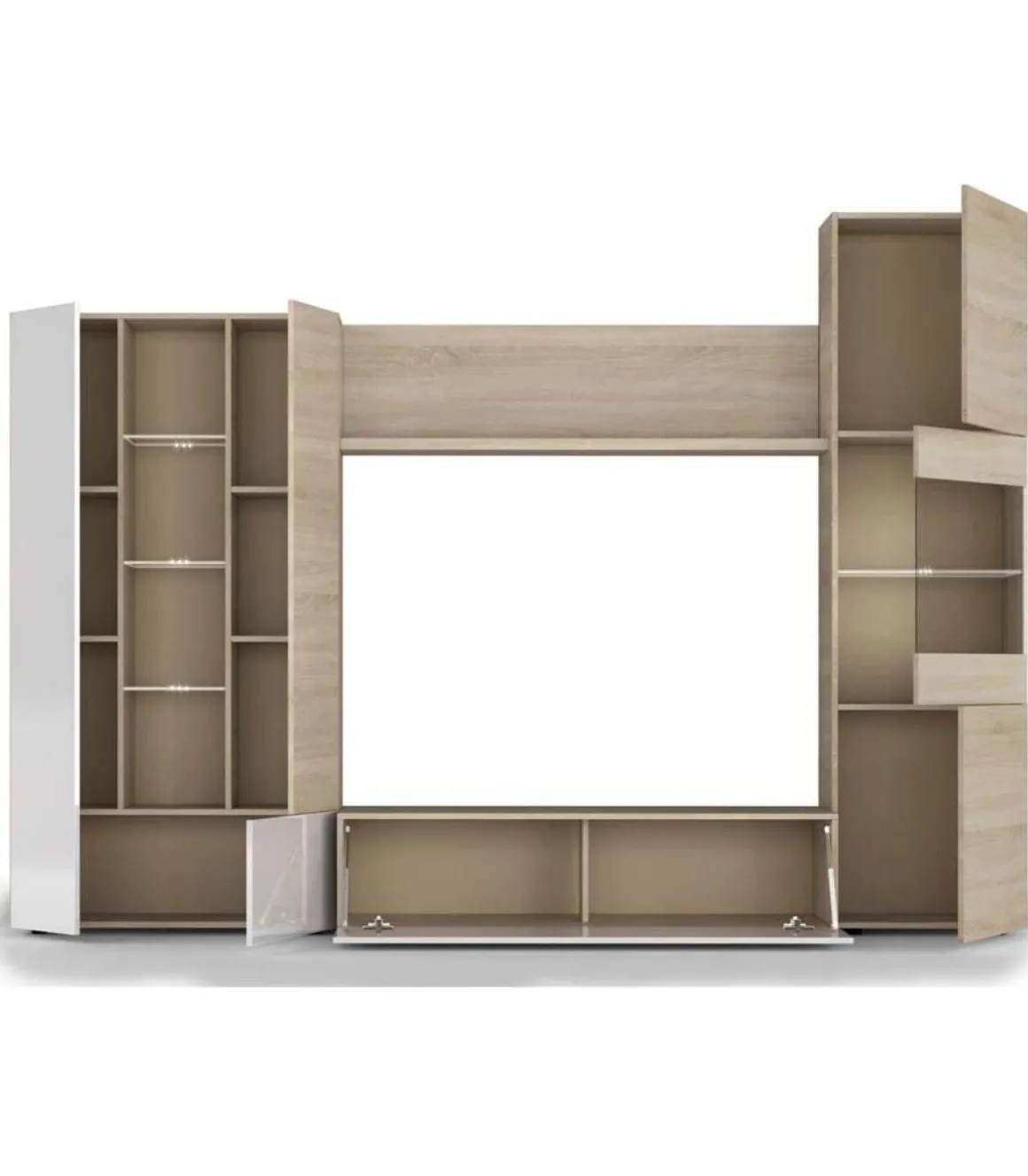 Mueble salon Macael en roble canadian y blanco brillo con led 185 cm(alto)260 cm(ancho)42 cm(largo)