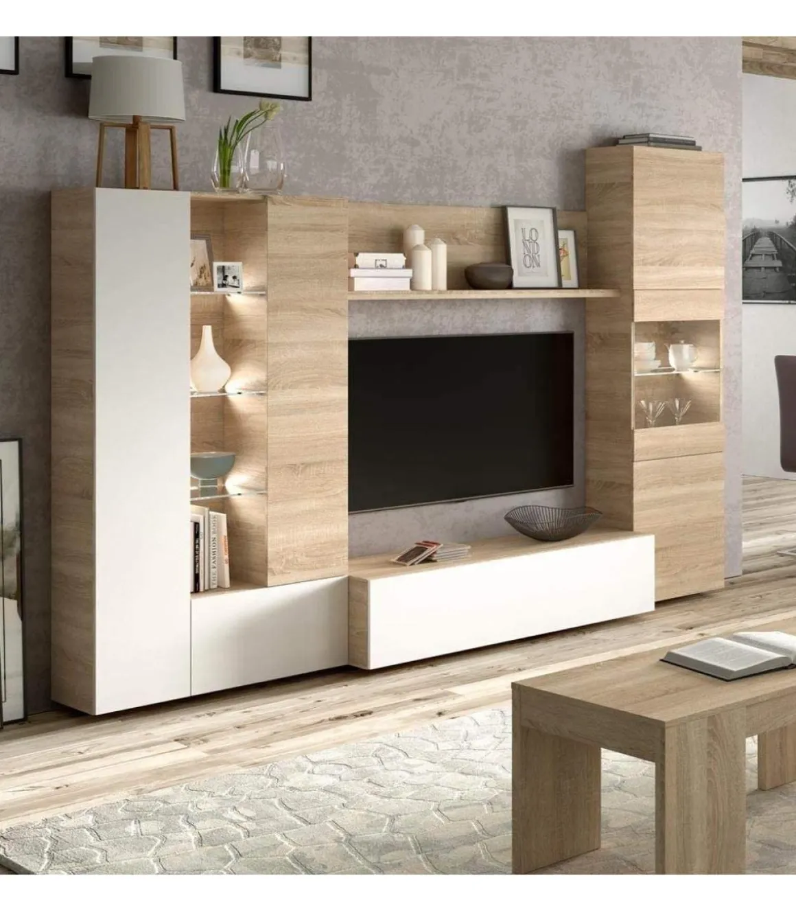 Mueble salon Macael en roble canadian y blanco brillo con led 185 cm(alto)260 cm(ancho)42 cm(largo)