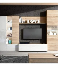 Mueble salon Macael en roble canadian y blanco brillo con led 185 cm(alto)260 cm(ancho)42 cm(largo)