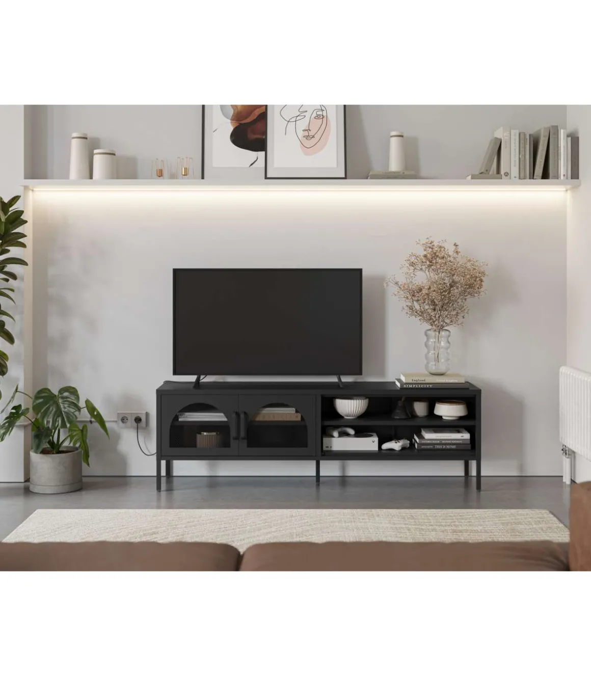 Mueble televisión modelo Dora 2 puertas acabado metal negro, 160cm(ancho) 50cm(alto) 35cm (largo)