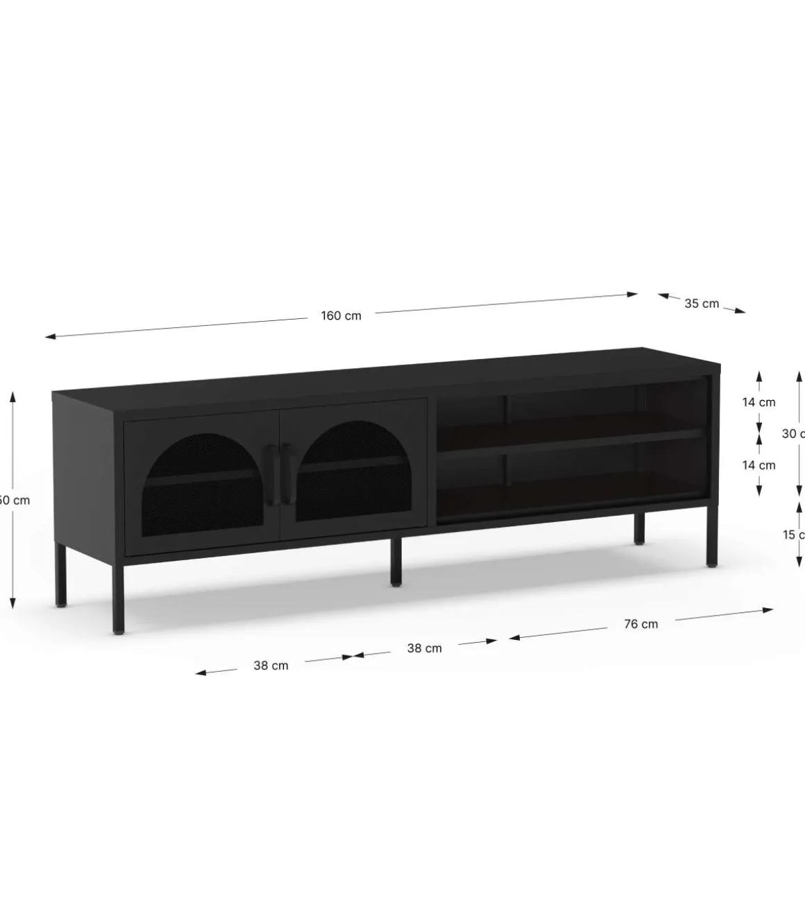 Mueble televisión modelo Dora 2 puertas acabado metal negro, 160cm(ancho) 50cm(alto) 35cm (largo)
