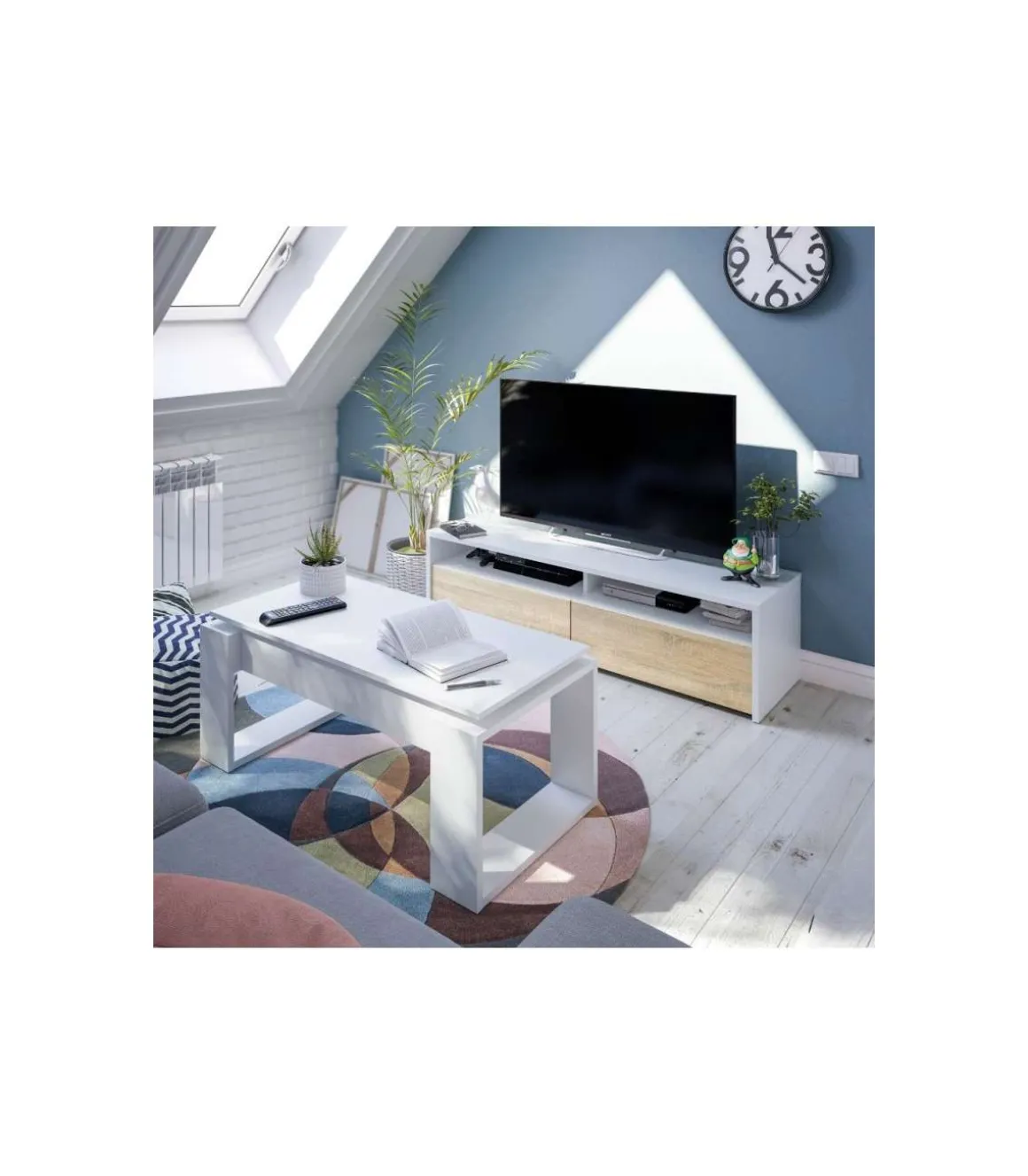 Mueble TV modelo Marisa en roble canadian y blanco Artik. 130 cm (Ancho) x 3 cm (Alto) x 40 cm (Fondo)